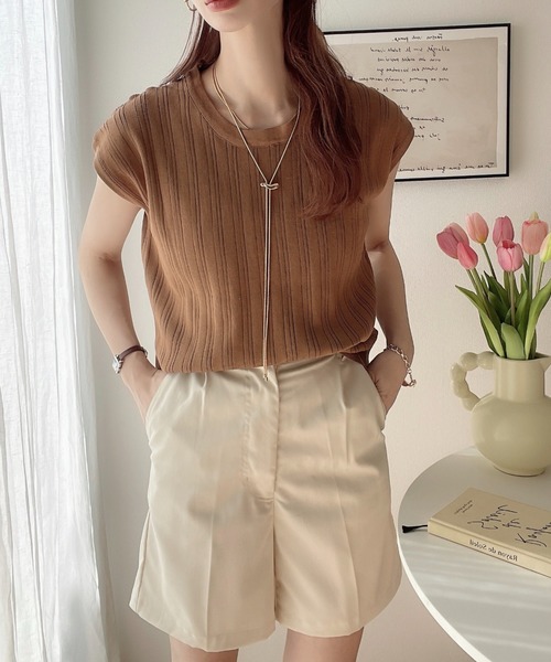 COCOMOMO（ココモモ）の「夏から秋口まで活躍する定番アイテム♪ フレンチスリーブ サマーニット（Tシャツ/カットソー・レディース・ブラウン/ロイヤルブルー/ホワイト/ブラック・FREE）」の9枚目の写真