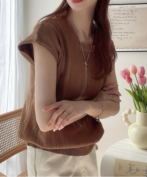 COCOMOMO（ココモモ）の「夏から秋口まで活躍する定番アイテム♪ フレンチスリーブ サマーニット（Tシャツ/カットソー・レディース・ブラウン/ロイヤルブルー/ホワイト/ブラック・FREE）」の5枚目の写真