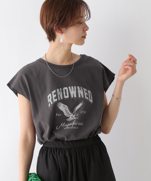 LEPSIM(レプシィム)の「ヴィンテージライクロゴフレンチスリーブ 197342(Tシャツ/カットソー・レディース・ブルー/チャコールグレー/オフホワイト/イエロー/オレンジ・FREE)」の3枚目の写真