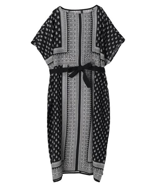 CRAFT STANDARD BOUTIQUE（クラフトスタンダードブティック）の「インドコットン混パネル柄ウエストリボンワンピース（ワンピース・レディース・マスタード/カーキ/ブラック・FREE）」の6枚目の写真