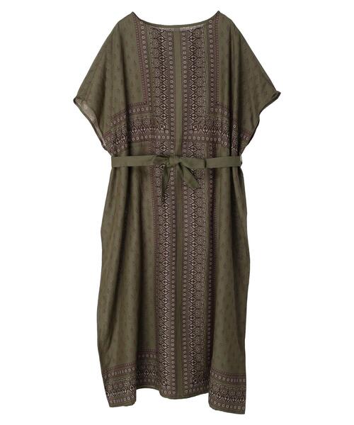 CRAFT STANDARD BOUTIQUE（クラフトスタンダードブティック）の「インドコットン混パネル柄ウエストリボンワンピース（ワンピース・レディース・マスタード/カーキ/ブラック・FREE）」の4枚目の写真