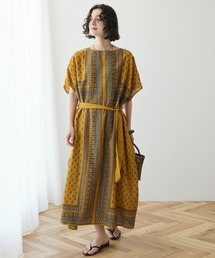 CRAFT STANDARD BOUTIQUE | インドコットン混パネル柄ウエストリボンワンピース　◆(ワンピース)