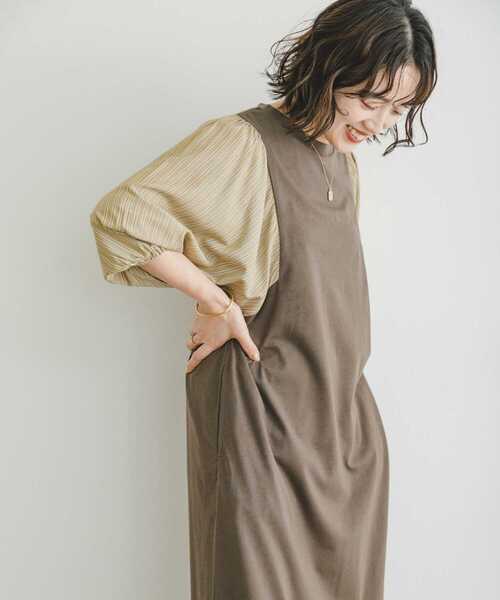 ITEMS URBANRESEARCH（アイテムズ アーバンリサーチ）の「ストライプフハクドッキングワンピース（ワンピース・レディース・モカ/ブラック・FREE）」の2枚目の写真