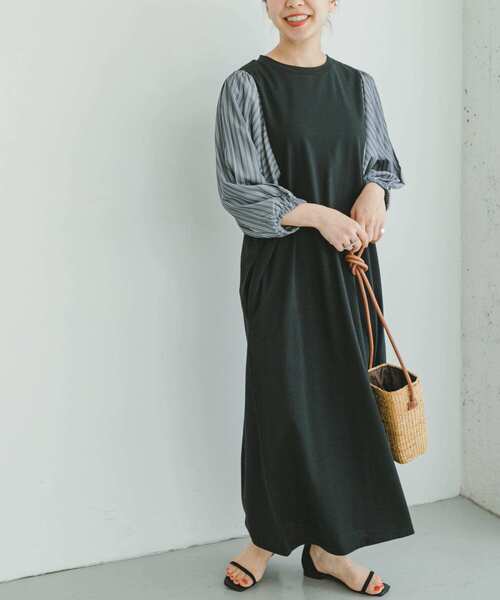 ITEMS URBANRESEARCH（アイテムズ アーバンリサーチ）の「ストライプフハクドッキングワンピース（ワンピース・レディース・モカ/ブラック・FREE）」の4枚目の写真