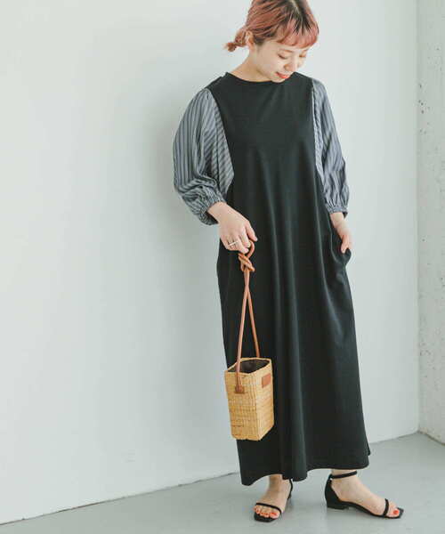 ITEMS URBANRESEARCH（アイテムズ アーバンリサーチ）の「ストライプフハクドッキングワンピース（ワンピース・レディース・モカ/ブラック・FREE）」の5枚目の写真