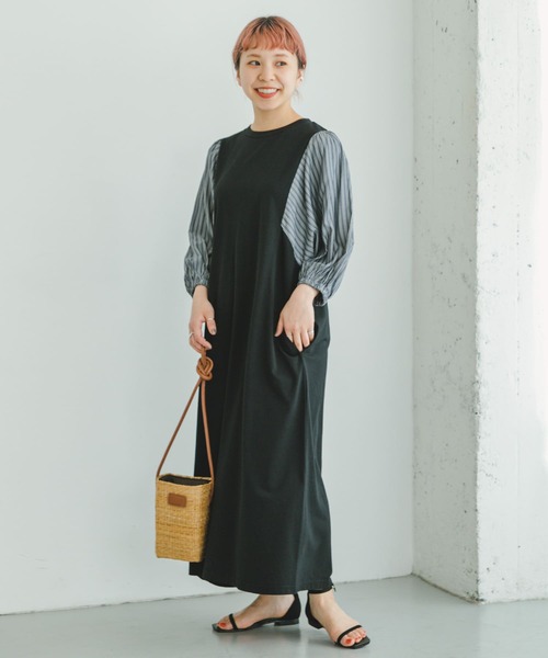 ITEMS URBANRESEARCH（アイテムズ アーバンリサーチ）の「ストライプフハクドッキングワンピース（ワンピース・レディース・モカ/ブラック・FREE）」の6枚目の写真