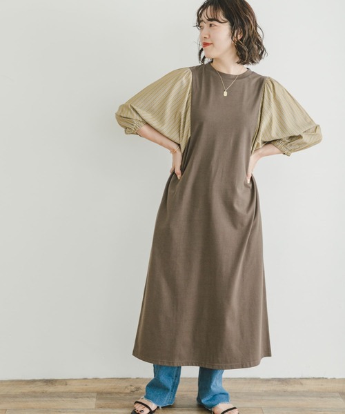 ITEMS URBANRESEARCH（アイテムズ アーバンリサーチ）の「ストライプフハクドッキングワンピース（ワンピース・レディース・モカ/ブラック・FREE）」の14枚目の写真