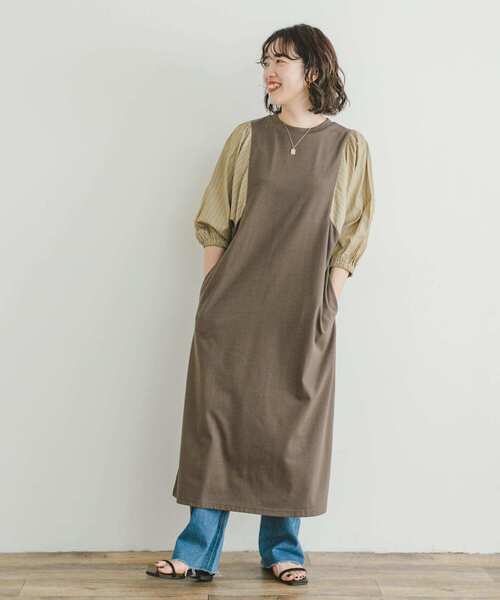 ITEMS URBANRESEARCH（アイテムズ アーバンリサーチ）の「ストライプフハクドッキングワンピース（ワンピース・レディース・モカ/ブラック・FREE）」の16枚目の写真