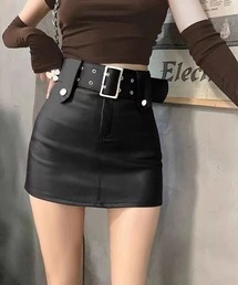 ベルト付き合成皮革ミニ丈スカート
