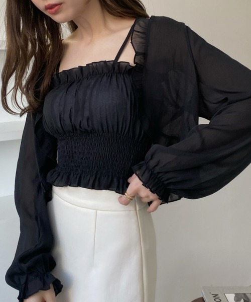 Ada.(エイダ)の「フリル シアー ボレロ シャーリング キャミソール アンサンブル(カーディガン/ボレロ・レディース・ブラック/ライトブルー/アイボリー/グレー・FREE)」の15枚目の写真