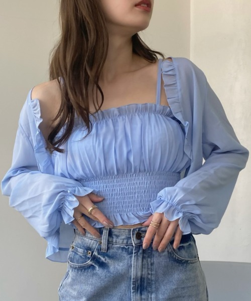 セール】フリル シアー ボレロ シャーリング キャミソール