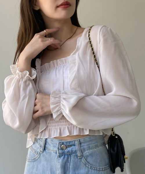 セール】フリル シアー ボレロ シャーリング キャミソール