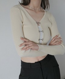 Reurie' | ホックデザインカーディガン / リブニット コンパクト シンプル シルバー カジュアル シンプル クロップド丈 長袖 細見え 韓国(カーディガン/ボレロ)