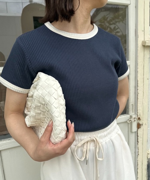 lawgy（ラウジー）の「bicolor waffle compact T / バイカラーワッフルコンパクトT（Tシャツ/カットソー・レディース・ネイビー/アイボリー/グレー・FREE）」の3枚目の写真