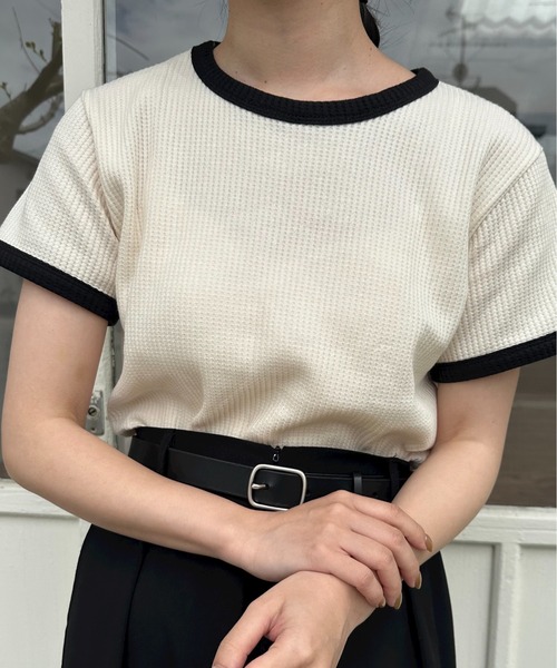 lawgy（ラウジー）の「bicolor waffle compact T / バイカラーワッフルコンパクトT（Tシャツ/カットソー・レディース・ネイビー/アイボリー/グレー・FREE）」の2枚目の写真