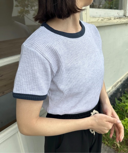 lawgy（ラウジー）の「bicolor waffle compact T / バイカラーワッフルコンパクトT（Tシャツ/カットソー・レディース・ネイビー/アイボリー/グレー・FREE）」の9枚目の写真