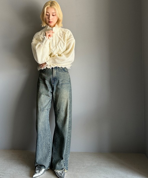 mily bilet（ミウィビレット）の「【mily bilet】大人カジュアルに遊び心を。ダメージハーフジップハイネックショート丈ケーブルニット（ニット/セーター・レディース・ブラック/アイボリー/グレー・LARGE/MEDIUM/SMALL/X-LARGE）」の13枚目の写真
