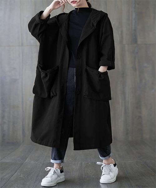 FREE STYLISTS(フリー スタイリスト)の「フード付き ロングトレンチコート(トレンチコート・レディース・ボルドー/ベージュ/ネイビー/ブラック/カーキ・FREE)」の9枚目の写真