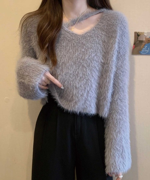 SPIGA（スピーガ）の「チョーカーシャギーニット（ニット/セーター・レディース・ブラック/ホワイト/ベージュ/パープル/グレー・FREE）」の6枚目の写真