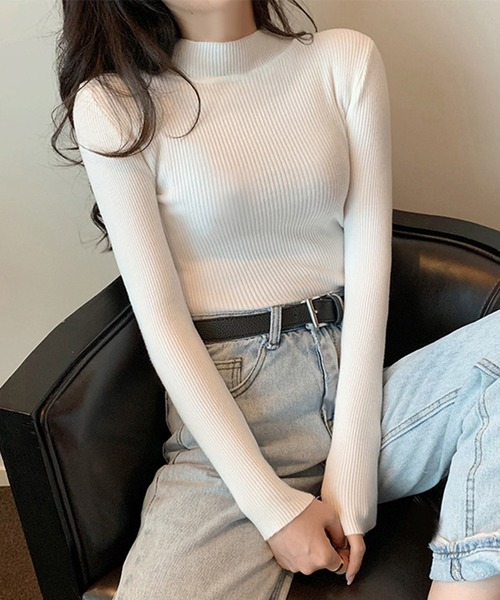 STYLEBLOCK(スタイルブロック)の「プチハイネックリブニット(ニット/セーター・レディース・スカイブルー/グレー/ダークグリーン/ブラック/ホワイト/ベージュ系その他/グリーン系その他/カーキ/イエロー/パープル/ロイヤルブルー/レッド系その他・FREE)」の2枚目の写真