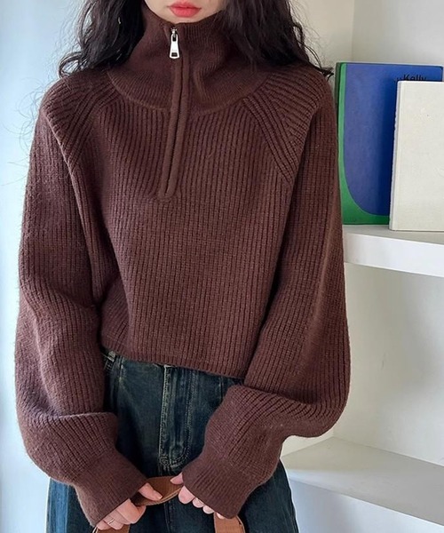 LYEON(リヨン)の「ハーフジップクロップドニット/ラグランニットプルオーバー(ニット/セーター・レディース・ブラック/ホワイト/ブラウン/レッド・FREE)」の15枚目の写真