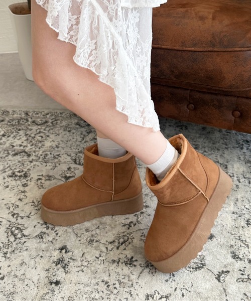 ブラウン 厚底 ムートンブーツ ベルクロ セール】厚底ムートンブーツ