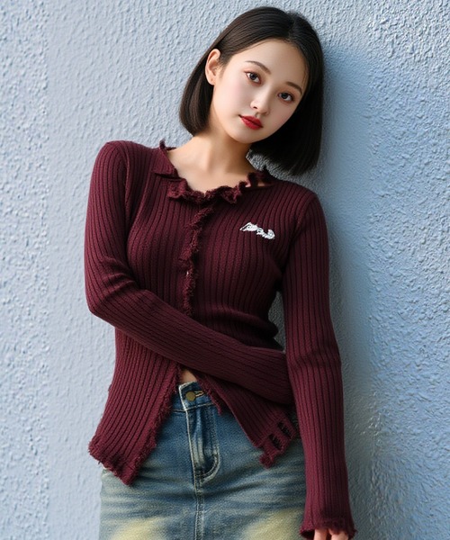 .KOM(ドットコム)の「A'GEM/9 × .kom『.KOM/ドットケーオーエム』ダメージリブカーディガン(カーディガン/ボレロ・レディース・ブラック/ホワイト/ブラウン/グレー・FREE)」の4枚目の写真
