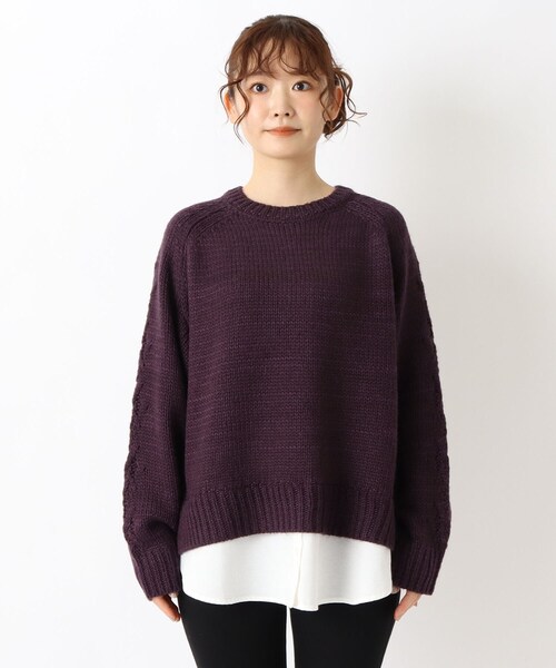 one'sterrace（ワンズテラス）の「ロービングヤーン布帛切替コンビニットプルオーバー（ニット/セーター・レディース・パープル系2/グレー系4/カーキ系5・02）」の4枚目の写真