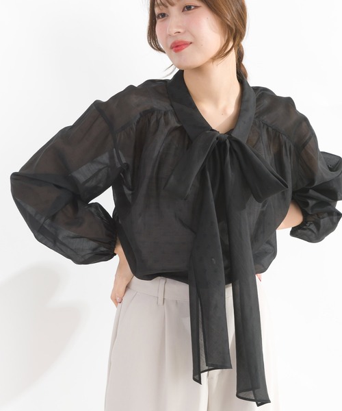 PICCIN(ピッチン)の「2wayシアーリボンブラウス(シャツ/ブラウス・レディース・サックスブルー/ブラック/オフホワイト・M)」の2枚目の写真