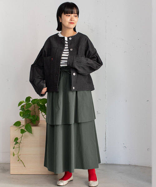 POU DOU DOU(プードゥドゥ)の「2段ティアードスカート(スカート・レディース・ダークグレー/ブルー/オフホワイト・M)」の14枚目の写真