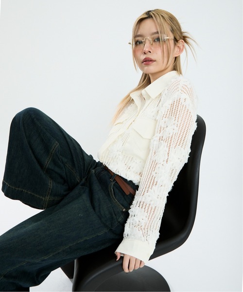 Clum(クルム)の「メッシュクロップドトップス(シャツ/ブラウス・レディース・ブラック/ホワイト・FREE)」の9枚目の写真