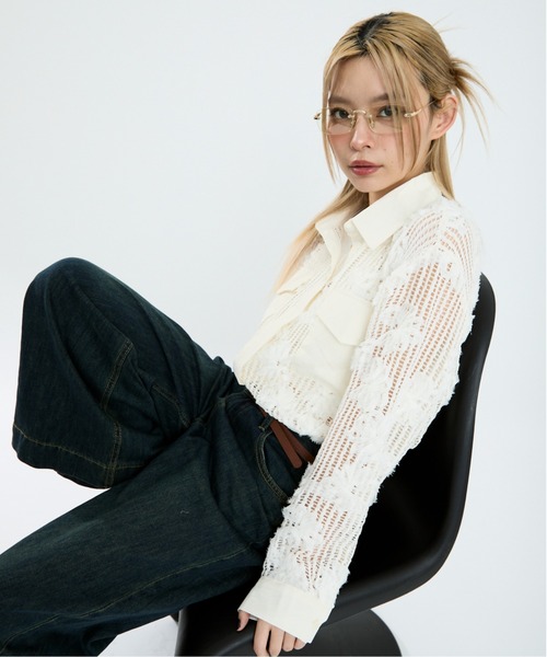 Clum(クルム)の「メッシュクロップドトップス(シャツ/ブラウス・レディース・ブラック/ホワイト・FREE)」の7枚目の写真