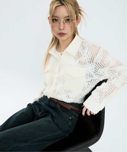 Clum(クルム)の「メッシュクロップドトップス(シャツ/ブラウス・レディース・ブラック/ホワイト・FREE)」の8枚目の写真