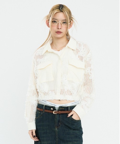 Clum(クルム)の「メッシュクロップドトップス(シャツ/ブラウス・レディース・ブラック/ホワイト・FREE)」の3枚目の写真