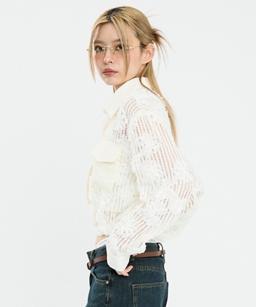 Clum(クルム)の「メッシュクロップドトップス(シャツ/ブラウス・レディース・ブラック/ホワイト・FREE)」の5枚目の写真