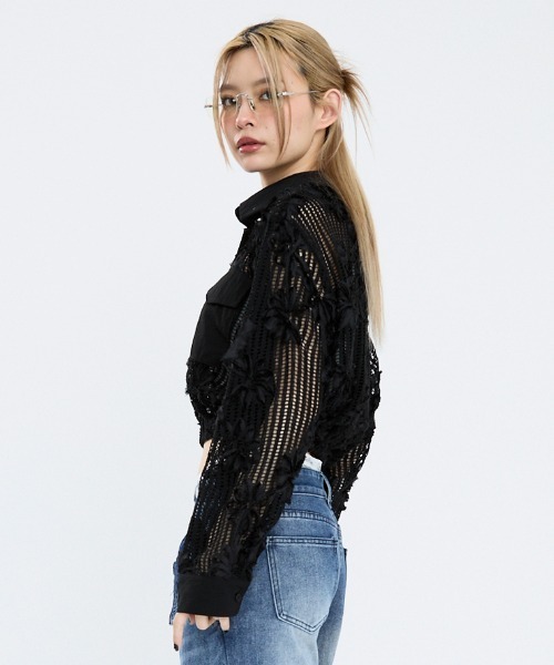 Clum(クルム)の「メッシュクロップドトップス(シャツ/ブラウス・レディース・ブラック/ホワイト・FREE)」の22枚目の写真