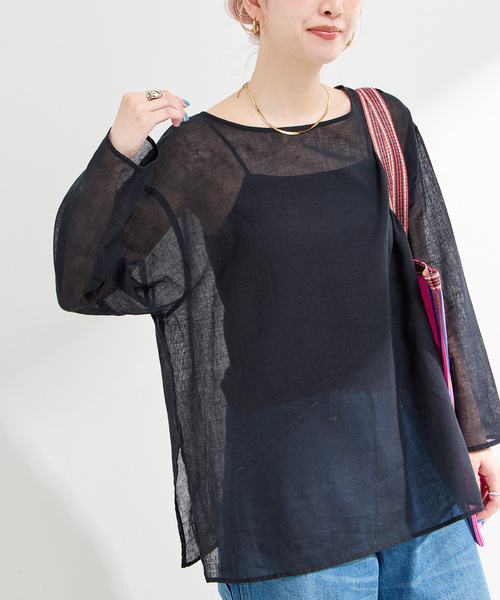 極美品✨パラスパレス　コットンリネンブラウス　プルオーバー　ブラウン系　　シアー リネンコットン2WAYシアープルオーバー（シャツ/ブラウス）｜B.C