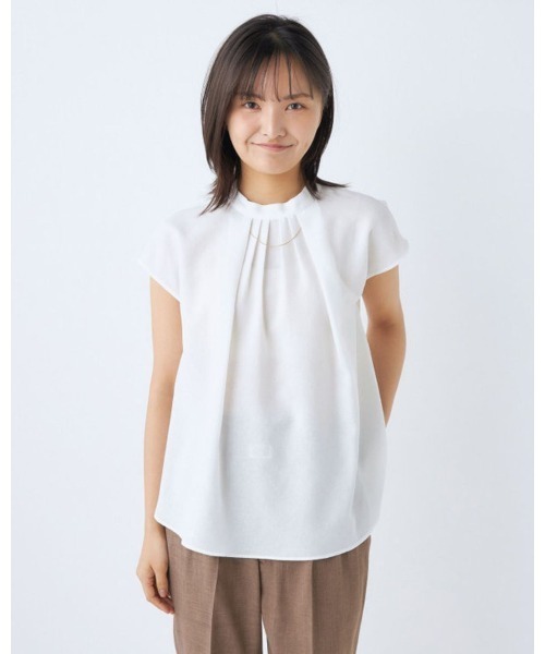 ☆BEIGE.☆サマーブラウス　フレンチスリーブ　32 新品 ウォッシャブル】シアーコンビストライプフレンチスリーブ