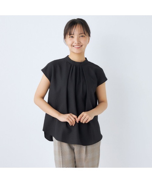 ☆BEIGE.☆サマーブラウス　フレンチスリーブ　32 新品 ウォッシャブル】シアーコンビストライプフレンチスリーブ