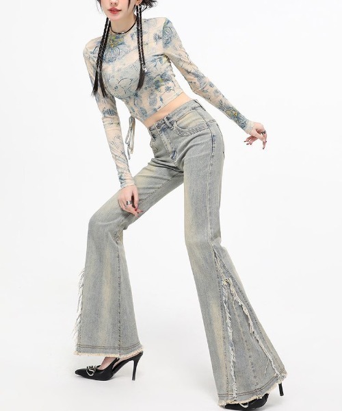 gossip!ロサンゼルス(ゴシップロサンゼルス)の「ヴィンテージハイウエストフリンジアクセント ストレッチフレアデニムパンツ(デニムパンツ・レディース・ライトブルー・S/M/XS/L)」の6枚目の写真