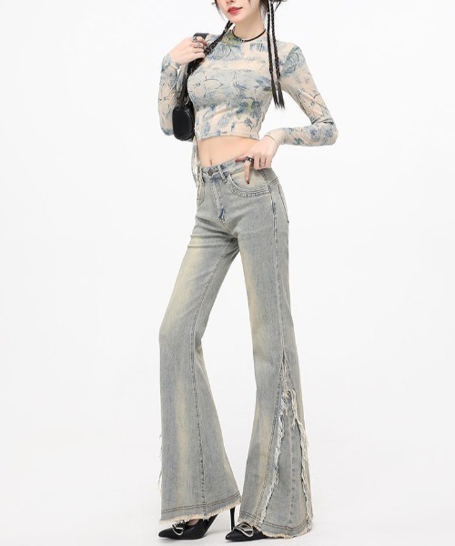 gossip!ロサンゼルス(ゴシップロサンゼルス)の「ヴィンテージハイウエストフリンジアクセント ストレッチフレアデニムパンツ(デニムパンツ・レディース・ライトブルー・S/M/XS/L)」の8枚目の写真