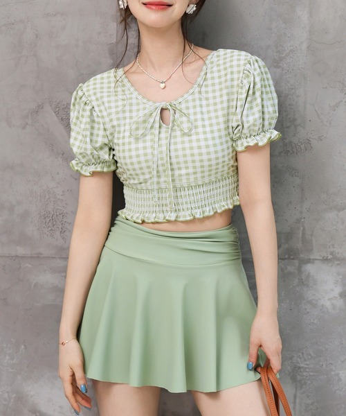 TeddyShop（テディショップ）の「レディース水着 2WAYぽわん袖ギンガムチェッククロップドビキニ+ハイウエストフレアスカート 3点セット（水着・レディース・グリーン系その他/ブルー系その他/ブラック系その他/ブラック・M/S/L/LL）」の8枚目の写真