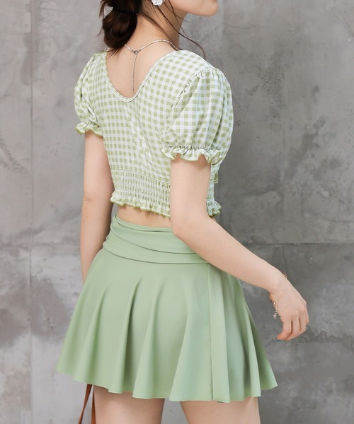 TeddyShop（テディショップ）の「レディース水着 2WAYぽわん袖ギンガムチェッククロップドビキニ+ハイウエストフレアスカート 3点セット（水着・レディース・グリーン系その他/ブルー系その他/ブラック系その他/ブラック・M/S/L/LL）」の9枚目の写真