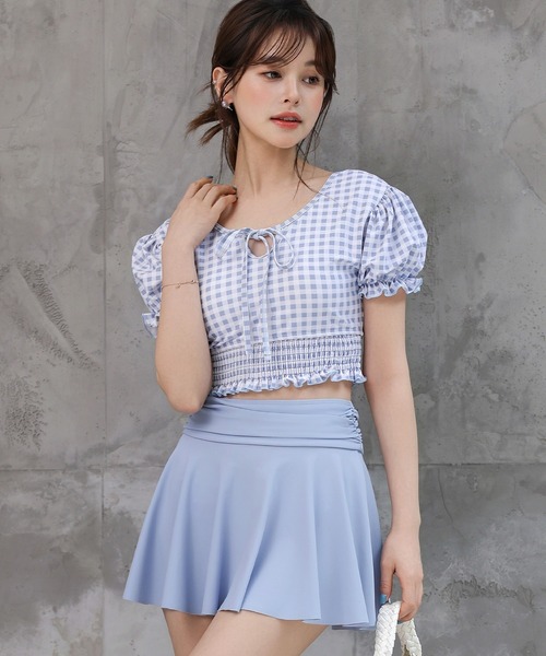 TeddyShop（テディショップ）の「レディース水着 2WAYぽわん袖ギンガムチェッククロップドビキニ+ハイウエストフレアスカート 3点セット（水着・レディース・グリーン系その他/ブルー系その他/ブラック系その他/ブラック・M/S/L/LL）」の12枚目の写真