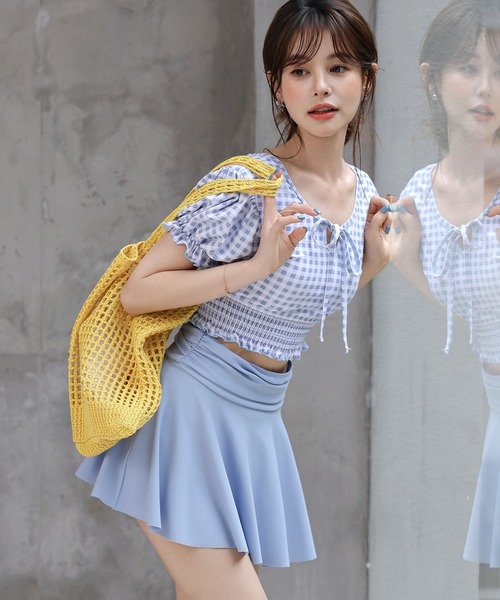 TeddyShop（テディショップ）の「レディース水着 2WAYぽわん袖ギンガムチェッククロップドビキニ+ハイウエストフレアスカート 3点セット（水着・レディース・グリーン系その他/ブルー系その他/ブラック系その他/ブラック・M/S/L/LL）」の14枚目の写真