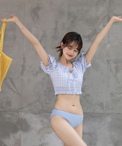セール】レディース水着 2WAYぽわん袖ギンガムチェック