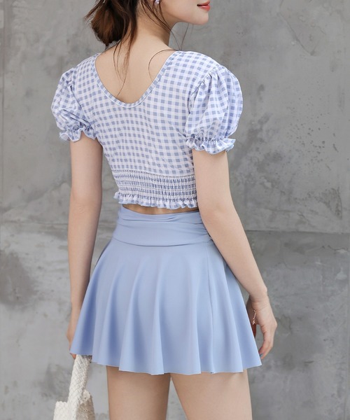 TeddyShop（テディショップ）の「レディース水着 2WAYぽわん袖ギンガムチェッククロップドビキニ+ハイウエストフレアスカート 3点セット（水着・レディース・グリーン系その他/ブルー系その他/ブラック系その他/ブラック・M/S/L/LL）」の17枚目の写真