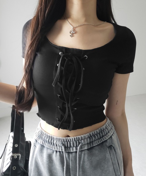 【THEAIRTOWN】リボン レース フリル ライン Tシャツ♥ 4color 】レースアップフロントリボン半袖ショートTシャツ