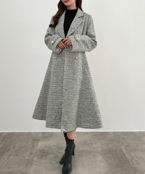セール】ウエストシェイプツイードロングコート（チェスターコート