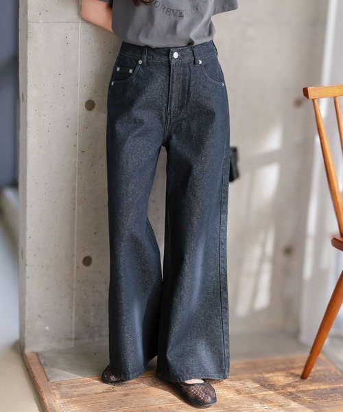 低身長向けサイズ ] ウエスト調整ゴム付きワイドデニムパンツ（デニム